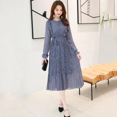 Vestidos Spring Womens 2020 Temperament Waist Chiffon Dress Women Stitching O-neck Polka Dot Pleated Long Sleeve Dresses Z985
