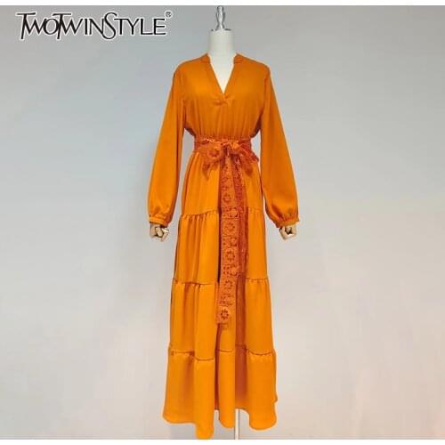 TWOTWINSTYLE Solid Vintage Dress For Women V Neck Long Sleeve High Waist Lace Up Casual Ankle Length Dresses Female 2021 Stylish