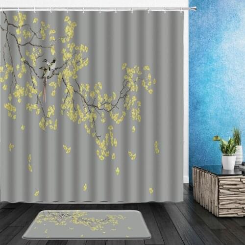 2pcs Retro Chinese Style Shower Curtain Set Hand Painting Flower Bird Plant Landscape Bathroom Hanging Curtain With Flannel Mat