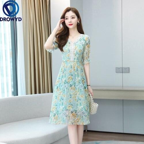 2020 New Summer Dress Women Lace Patchwork V- Neck Half Sleeve Dress Charming Elegant Slim Chiffon Floral Party Dresses Vestidos