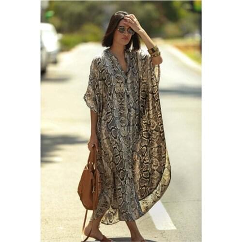 2021 Kaftan Snake Skin Print Beach Swimsuit Cover Up Long Dress Sarong Dress Beachwear Kimono Plage Beach Robe Femme Cover-ups