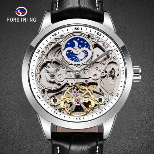 Automatic Mechanical Male Wristwatch Hollow Male Clock Genuine Leather Man Watch Tourbilion Moon Phase Style