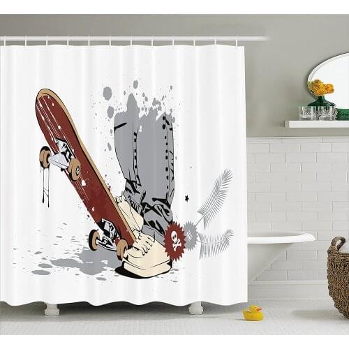 Teen Room Decor Shower Curtain Skateboard with Boy Feet in Sneakers and Jeans Illustration Wall Decoration Hanging Curtains