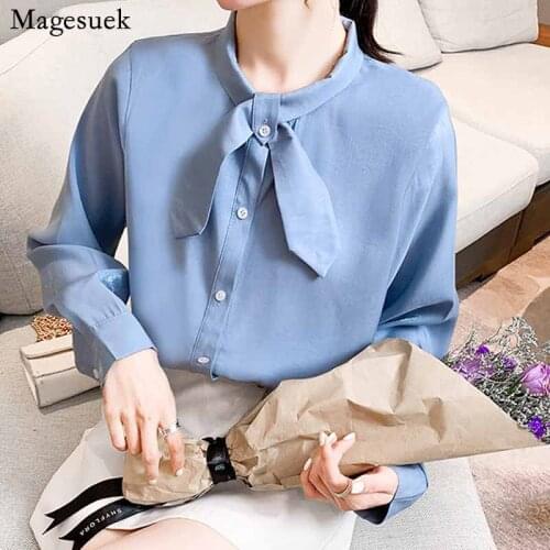 Elegant Office Lady Long Sleeve Shirt Autumn New Style Fashion Bow Tie Stand-collar Vintage Top Woman Blouse Female 10662