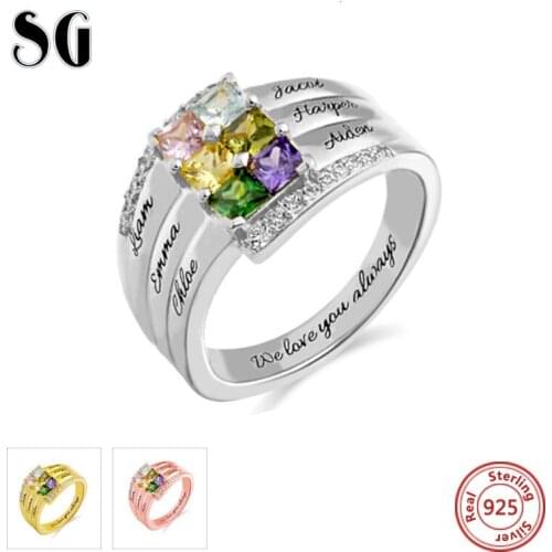 Customized Jewelry 925 Sterling Sliver Rings Personal0ized Engraved Family Ring with Six Birthstone