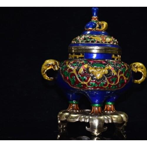 9"Chinese temple collection Old Bronze Cloisonne Enamel Elephant statue Binaural Three-legged incense burner Base Ornaments