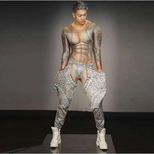 Sexy nude man tattoo Muscle print jumpsuit suit fur coat nightclub singer dancer stage costume rave festival performance outfit