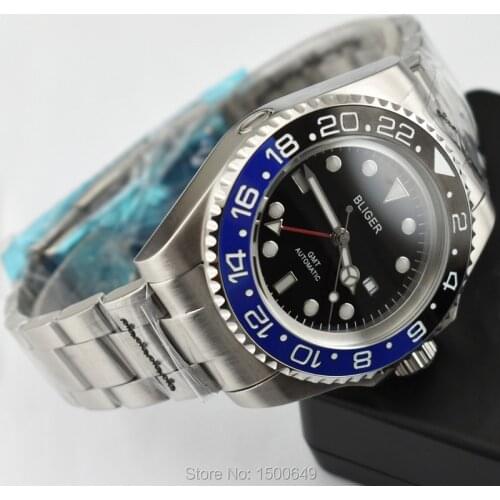 43mm BLIGER Big size red GMT Ceramic Bezel Luminous automatic Date Day men watches with Folding buckle