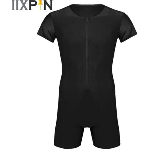 Men Underwear Boxer Briefs Leotard Bodysuit Lingerie Short Sleeve Front Zipper Solid Color Bodysuit Jumpsuit Nightwear Sleepwear