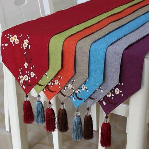 Solid Table Runner Linen Cotton Plum Embroidery With Tassels For Dining Table Cover Party Christmas Floral Tablecloth Decoration