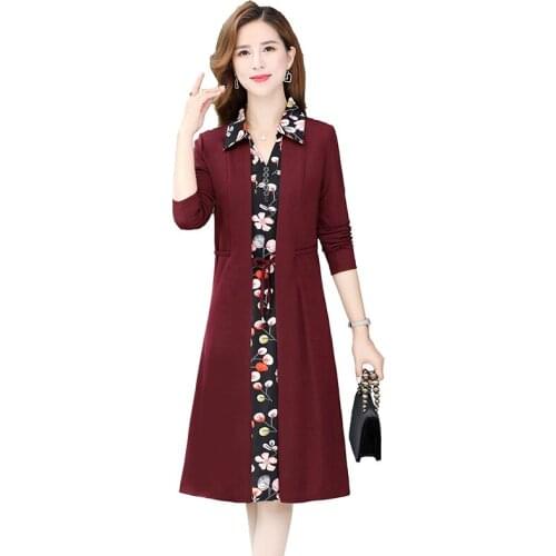 Spring autumn women dress casual flowers dress women long sleeve office ladies Shirt collar work midi dress fake two pieces plus
