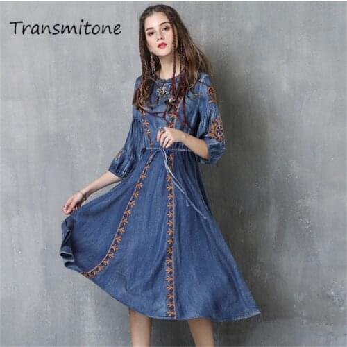 100% Cotton Women Dress 2019 Spring Boho New Vintage Vestidos O-Neck A-Line Slim Waist Embroidery Vestido Dresses