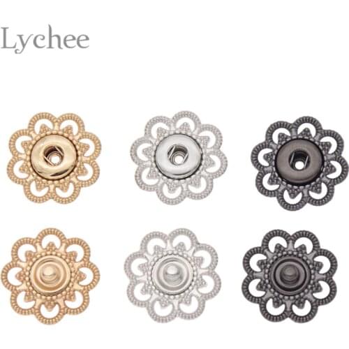 Lychee Life 10pcs Hollow Flower Shaped Metal Snap Buttons Gold Color Silver Color Button DIY Sewing Accessories For Clothes