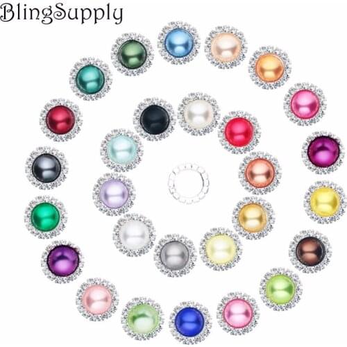 20mm pearl rhinestone crystal bling buttons flatback mix colors 50PCS/lot(BTN-5305)