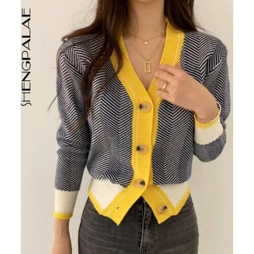 SHENGPALAE 2021 New Autumn Long Sleeve Jumper Knitted Loose Fashion Pullover Femme V-neck Single-breasted Sweater ZA5793