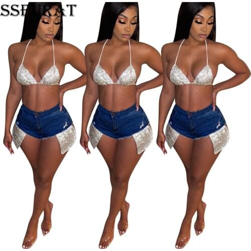 SSEURAT Women Jeans Mid Waist Zip Pockets Sequined Patchwork Elastic Denim Shorts Sexy Night Club Trousers Summer