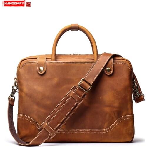 New Genuine Leather Mens Portable Briefcase Cowhide Men Handbag Shoulder Cross Bag Casual Retro 15.6-inch Computer Bag Business
