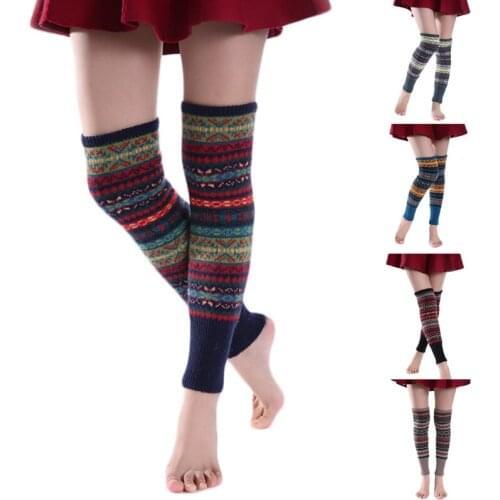 Women Bohemian Knitted Long Leg Warmers Cover Fluorescent Colorful Striped Thigh High Socks Stockings Boot Cuffs