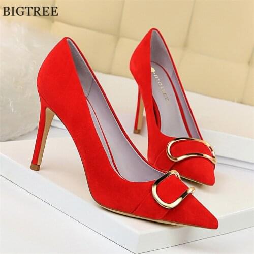 Bigtree Red Wedding Shoes Women Pumps Metal Belt Buckle Shallow Sexy Party Shoes Pointed Toe High Heels Suede Lady Shoes Plus 43