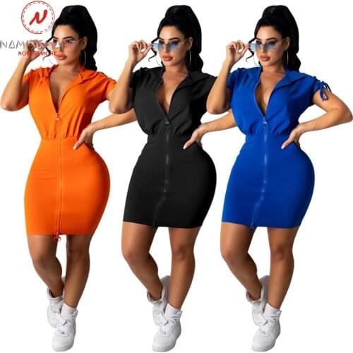 Women Summer Solid Color Pencil Dress Hooded Hollow Out Design Zipper Decor V-Neck Short Sleeve Mid Waist Slim Hips MIni Dress