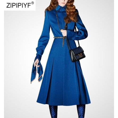 2020 Spring High Street Elegant Blouse Dress Women Fashion Mandarin Collar Long Sleeve With Sashes Pleated Solid Dress LanKa21
