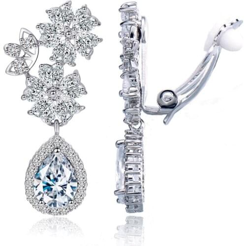 Elegant Flower Shape Bridal Wedding Jewelry Cubic Zirconia Crystal Clip On Earings for Non Pierced Ear Hole