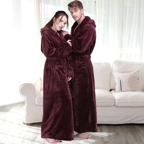 Women Winter Plus Size Long Warm Flannel Kimono Hooded Bathrobe Bridesmaid Coral Fleece Bath Robe Dressing Gown Men Sleepwear