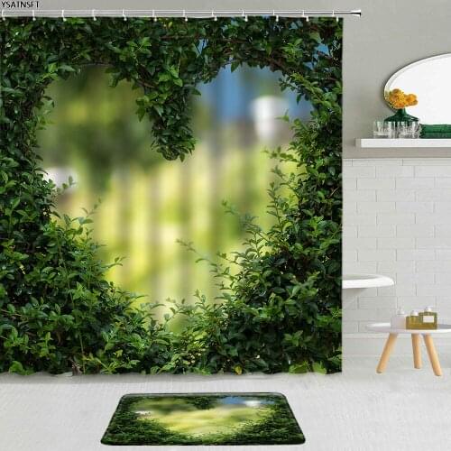 2Pcs Heart-Shaped Green Vine Shower Curtain Plant Flower Palm Leaf Sunflower Rose Bathroom Non-Slip Bath Mat Curtains Set Decor