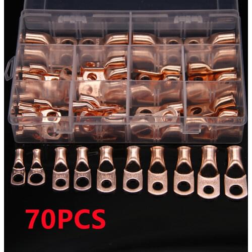 70/30PCS Bare Copper Ring Lugs Cable Battery Crimp Terminals Electrical Wire Cable Connectors Car Electric Wire Lug Kit