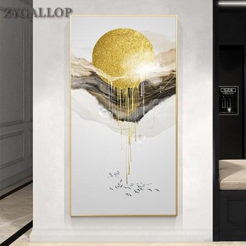 Golden Sun Abstract Canvas Painting Flowing Gold Paint Wall Art Picture Print Poster Living Room Large Size Luxury Wall Painting