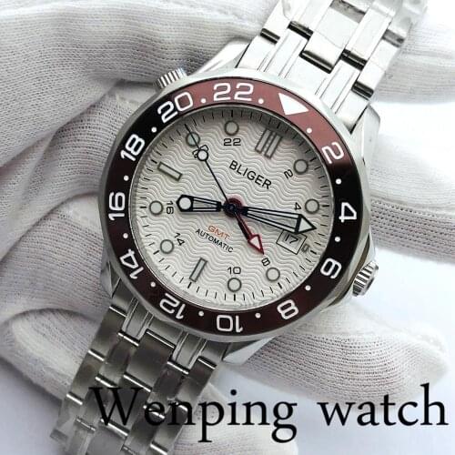 Bliger 41mm New Mens Top Luxury GMT Mechanical Watch Sapphire Glass Ceramic Bezel White Dial Date Luminous Automatic Watch