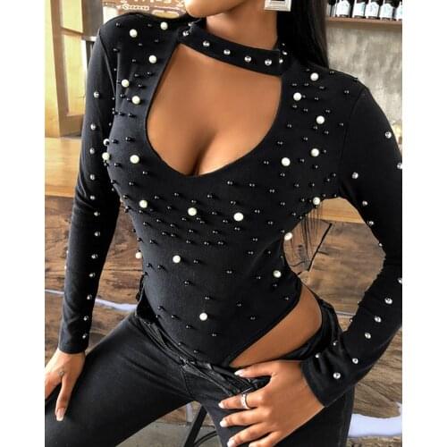Blouse Women 2021 Fashion Halter Beaded Cutout Long Sleeve Shirts Sexy Slim Fit Casual Top Plus Size Elegant Ladies Bodysuit