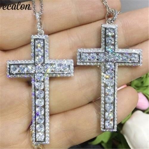 Vecalon Fashion Long Cross pendant 925 Sterling silver 5A Cz Stone cross Pendant necklace for Women Men Party Wedding Jewelry