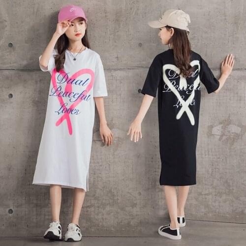 Letter Printed Kids t Shirts Girls Dress 2021 New Baby Summer Clothes Cotton Long Tops Mom & Daughter Striaght Dresses 5-20 Y