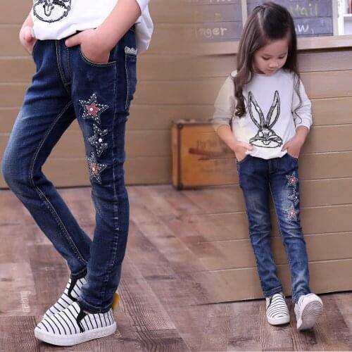 Hot Quality 2018 Girls Jeans for Spring and Autumn Childrens Clothing Kids star Embroidered Jeans 4-12 Ages Blue