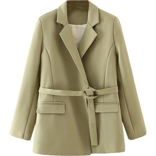 Elegant Women Solid Notched Collar Jacket 2021 Fashion Ladies Sashes Blazers Streetwear Female Chic Pocket Green Coats