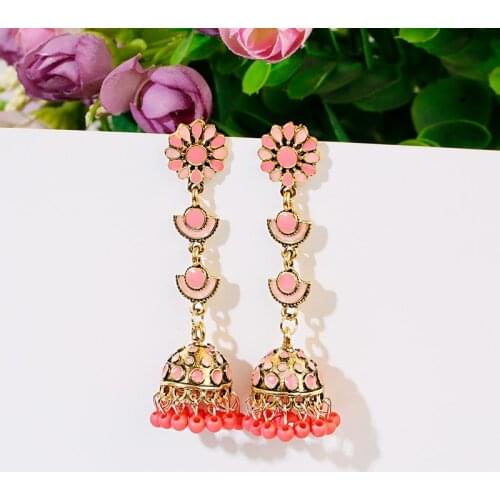 Ethnic Long Pink Flower Jhumka Earrings Gypsy Indian Earrings Women Ladies Round Bell Earrings Oorbellen