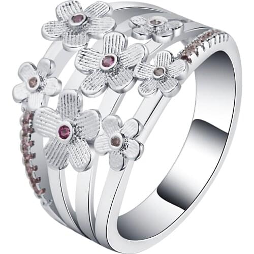 UFOORO Romantic Zircon Stone Flower Rings Femme Silver Color Beautiful Female Big Multi-layer Round Rings For Women Bijoux Gift