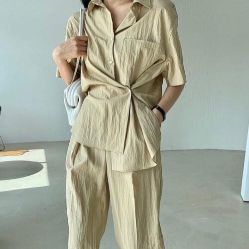 Korobov Korean Vintage Turn-Down Collar Irregular Women Shirts and Casual High Waist Pants 2 Pieces Sets Suits