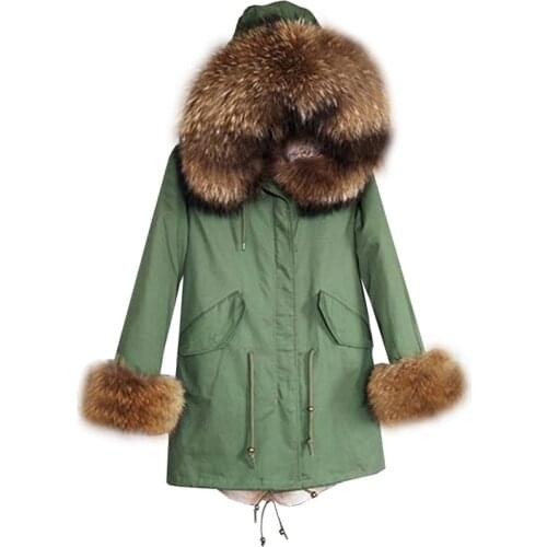 The new winter coat is a real raccoon fur coat, thick, warm faux rex rabbit fur liner hooded fashionable luxury jacket