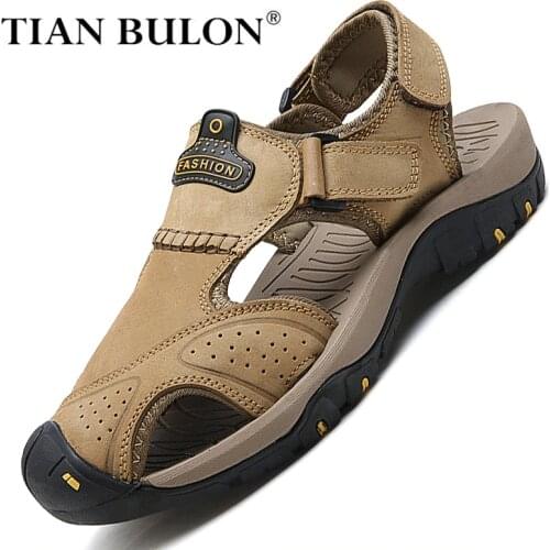 Summer Genuine Leather Cowhide Mens Sandals Non-slip Outdoor Men Casual Shoes Breathable Hiking Sandals Mens Beach Slippers