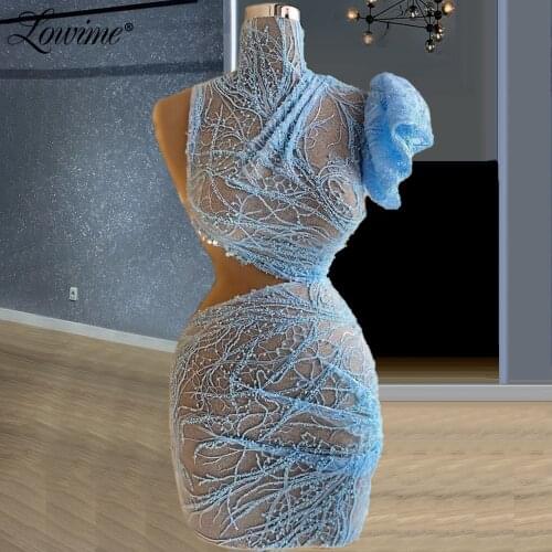 Lowime Sky Blue Lace Beaded Party Dress 2021 Short Sleeves Cut-out Design Sexy Evening Gowns 2021 Cocktail Prom Dresses Vestidos