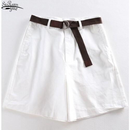 Fashion Women Wide Leg Shorts Casual Female Feminino A-line Solid Shorts with Belt Summer Loose High Waist Thin Shorts 7411 50