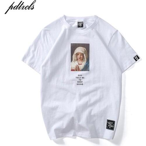 2018 Mens Virgin Mary Printed Short Sleeve TShirts Summer Casual Cotton Hip Hop Tops Tees Fashion Streetwear Shirts(Asian Size)