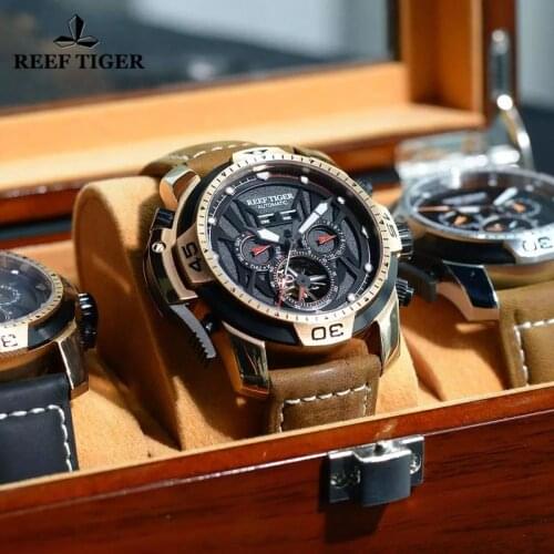 Reef Tiger/RT Mens Sport Mechanical Watches Genuine Leather Strap Complicated Dial Tourbillon Automatic Watches