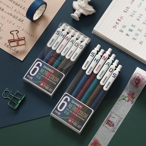 6pcs/Set Retro Press Gel Pens Set Multi Colored Quick-Dry Writing Retractable Pen 0.5mm Marker Liner Ballpoint Pen Stationary