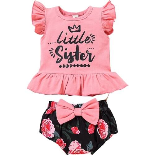 2021-03- 09 lioraitiin New 0-12M Newborn Infant 2PCS Baby Girl Clothes Ruffle Sleeve Letter Print Pink Tops Black Floral Set