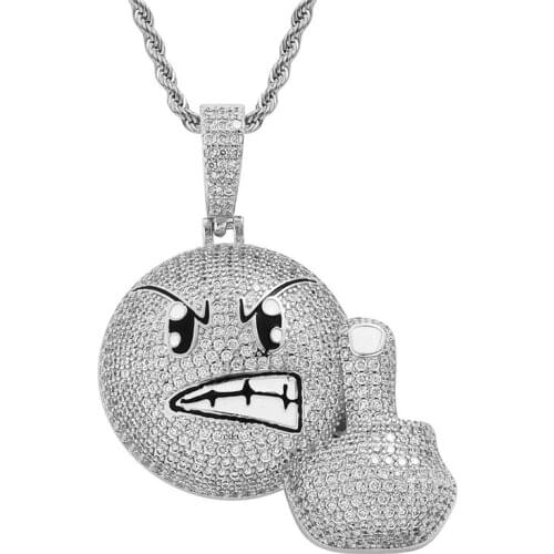 New Iced Out Cubic Zircon Angry Face Figure Middle Finger Pendant Necklace Hip Hop Cartoon Jewelry For Men Women Gift