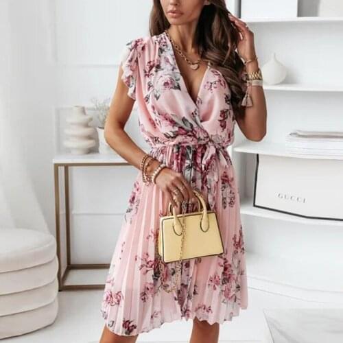 Casual Pleated Women Dresses Floral Print Summer Dress V Neck Sexy Dress A Line Women Sundress Mini Long Sleeve Vestido De Mujer