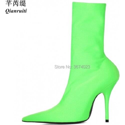 Qianruiti Runway Stretch Ankle Boots Elastic Sock Boots Women Fluorescent Green Pointed Toe High Heels Celebrity Party Shoes